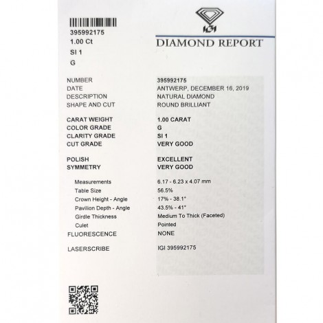 Diamante in Blister Certificato IGI 1.00 ct G SI1