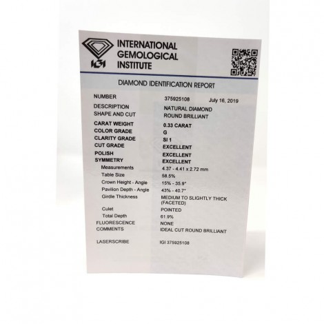 Diamante in Blister Certificato IGI 0.33 ct G SI1