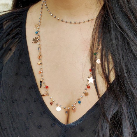 Collana Lunga Donna Raggi Argento Rosato Ciondoli Perline Multicolore