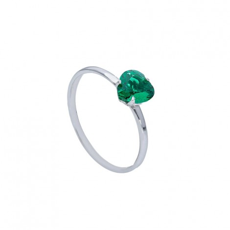 Anello Raggi Oro Bianco 9kt Cuore Zircone Verde