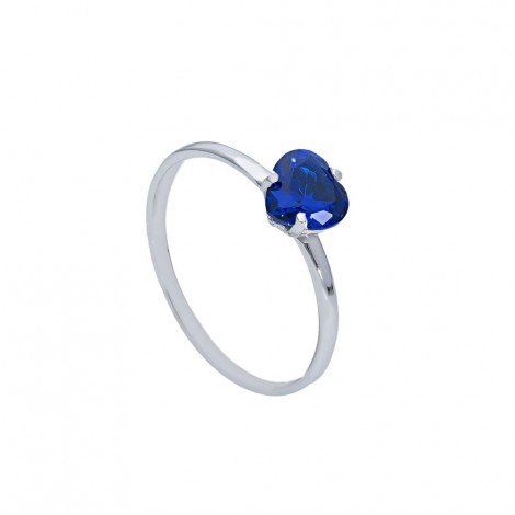 Anello Raggi Oro Bianco 9kt Cuore Zircone Blu