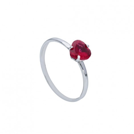 Anello Raggi Oro Bianco 9kt Cuore Zircone Rosso