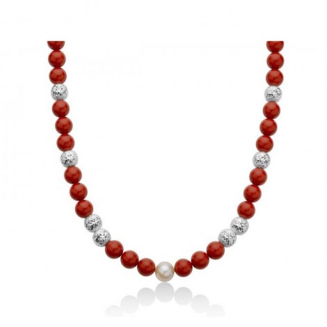 Collana Donna Miluna Terra e Mare Argento 925 Corallo Rosso e Perla Coltivata Bianca Diametro 8mm/8,5-9  PCL6177