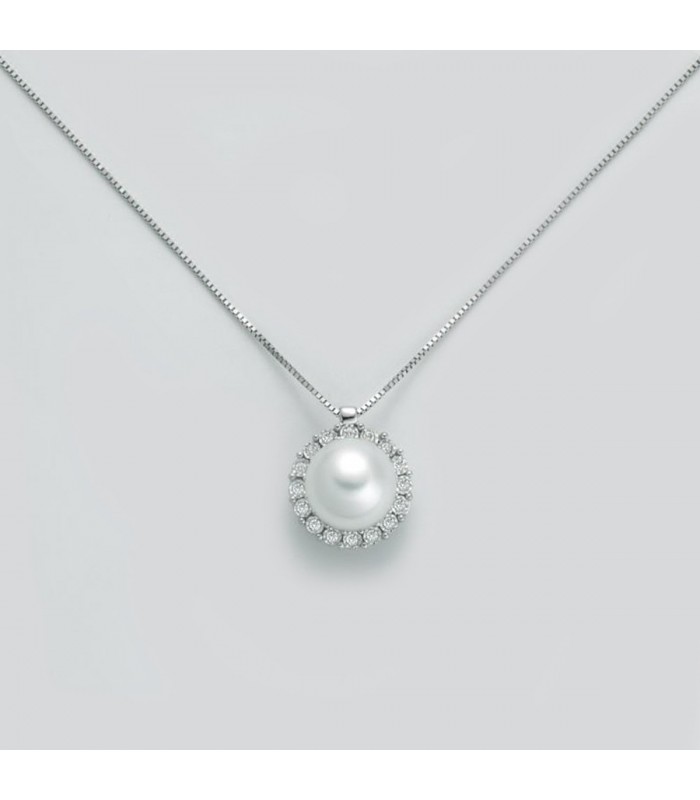 Collana girocollo filo di perle naturali e sfere diamantate in oro 18 kt