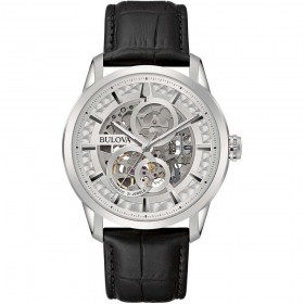 Orologio Solo Tempo Uomo Bulova Sutton Scheleton Automatic Acciaio Silver Pelle Nero 96A266