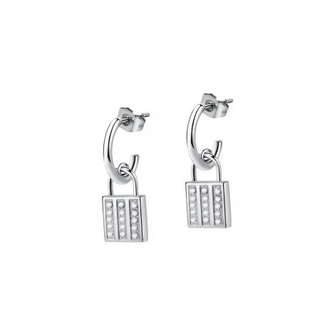 Orecchini Morellato Donna Collezione Abbraccio Cerchi Pendenti Lucchetti Acciaio Silver Cristalli Bianchi SAUB08
