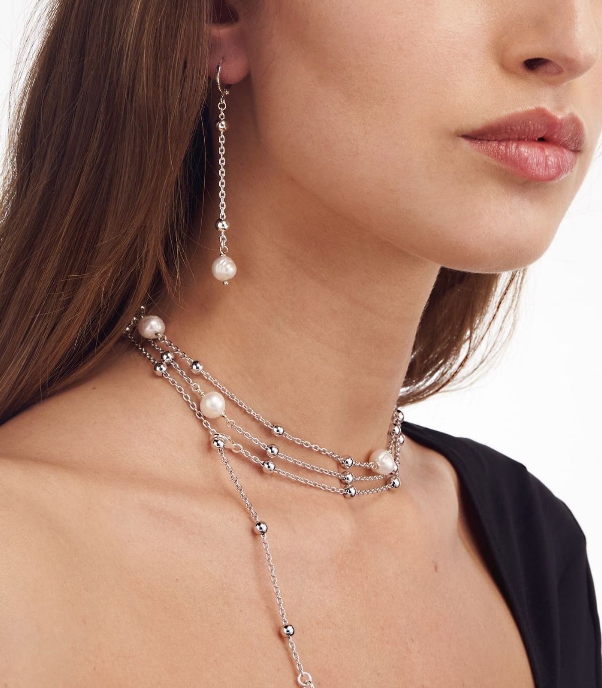 Collana Lunga A Strati In Argento Con Perline Delicate E Catena Graffetta - Gioiello Statement Per Donna, Regalo Per Feste