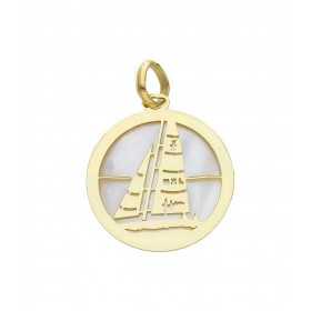 Ciondolo Raggi Oro Giallo 9kt Barca a Vela Medaglia Tonda Madreperla