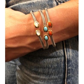 Bracciale Aperto Bangle Raggi Acciaio Oro Giallo Pietra Naturale