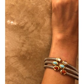 Bracciale Aperto Bangle Raggi Acciaio Oro Giallo Pietra Naturale