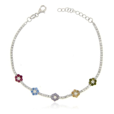 Bracciale Tennis Fiori Argento 925 Zirconi Colorati