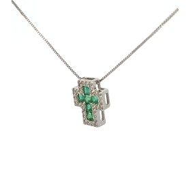 Collana Croce Oro Bianco 18kt  Smeraldi 0,32ct Diamanti 0,12ct