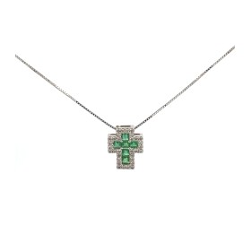 Collana Croce Oro Bianco 18kt  Smeraldi 0,32ct Diamanti 0,12ct