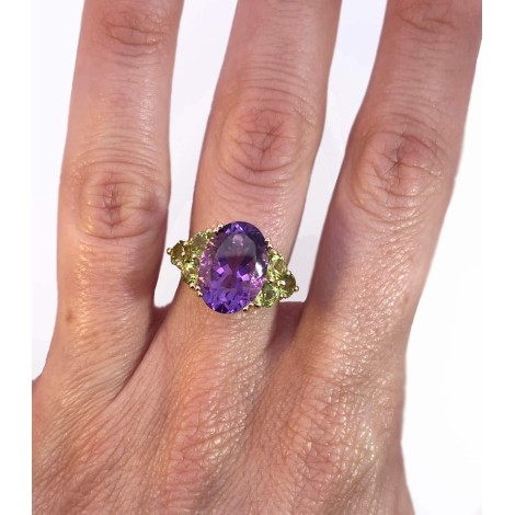 Anello Ametista Viola Ovale e Ametista Verde Oro Giallo 9kt