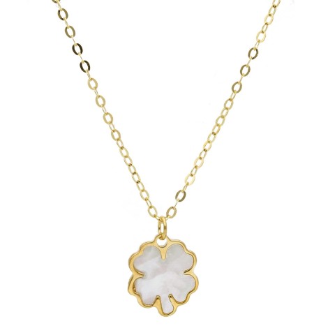 Collana Quadrifoglio Oro Giallo 9Kt Zircone Bianco Madreperla