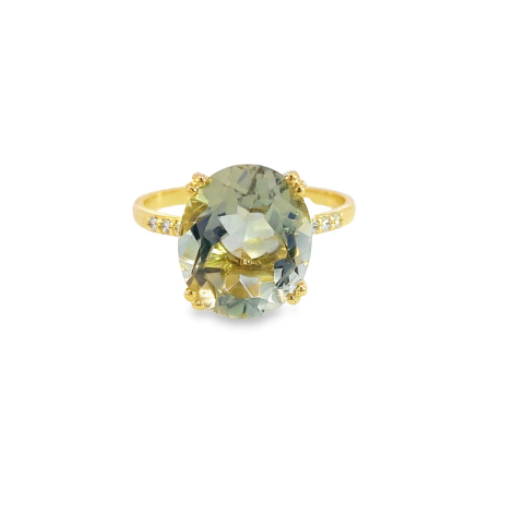 Anello Ametista Verde Ovale Oro Giallo 9kt Diamanti Bianchi