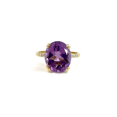 Anello Ametista Viola Ovale Oro Giallo 9kt Diamanti Bianchi