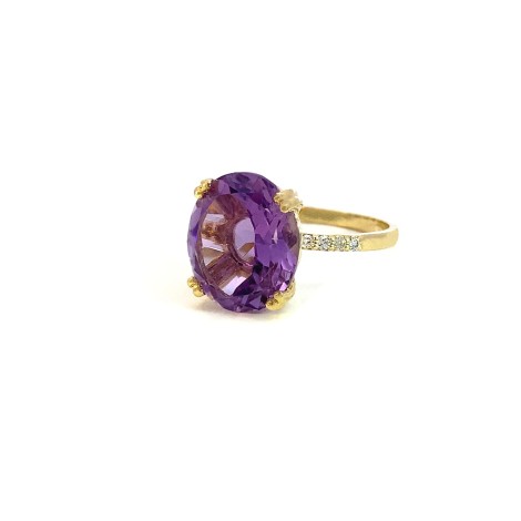 Anello Ametista Viola Ovale Oro Giallo 9kt Diamanti Bianchi