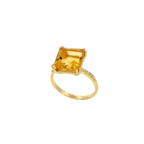 Anello Citrino Quadrato Oro Giallo 9kt Diamanti Bianchi