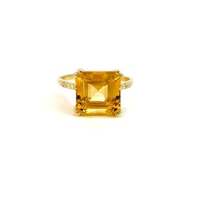 Anello Citrino Quadrato Oro Giallo 9kt Diamanti Bianchi