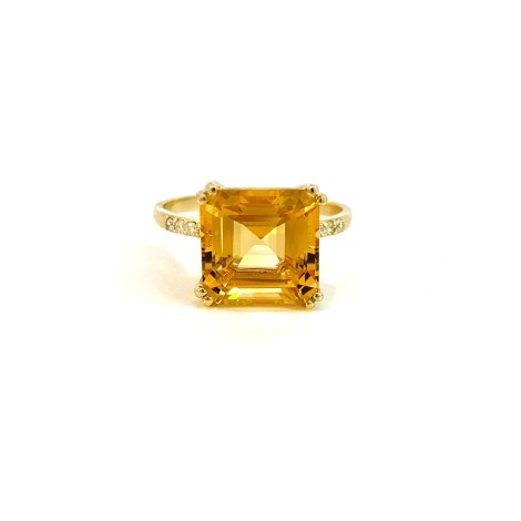 Anello Citrino Quadrato Oro Giallo 9kt Diamanti Bianchi