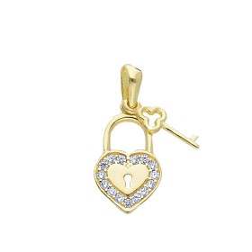 Ciondolo Lucchetto-Chiave Oro Giallo 9Kt Zirconi Bianchi
