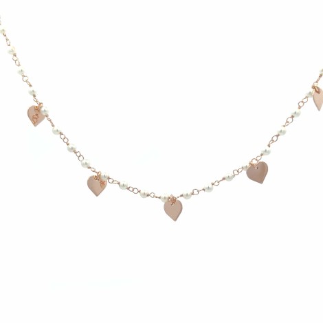 Collana Argento Rosato con Perle e Cuori