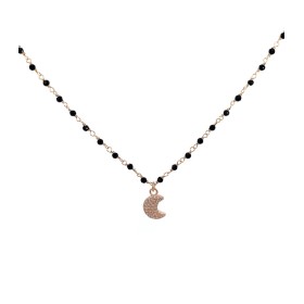 Collana Argento Rosato e perle Nere con Luna pavè