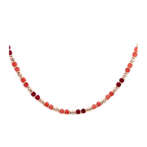 Collana Choker Donna Argento dorato con Perle Rosse e Salmone