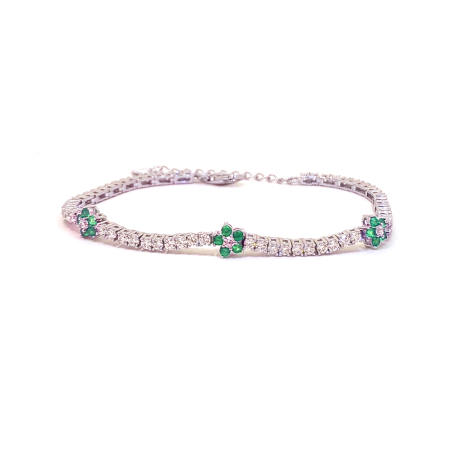 Bracciale Tennis Argento Zirconi Bianchi e Fiori Verdi