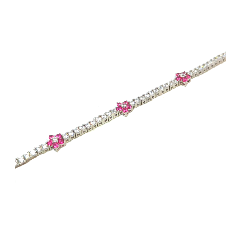 Bracciale Tennis Argento Zirconi Bianchi e Fiori Rosa