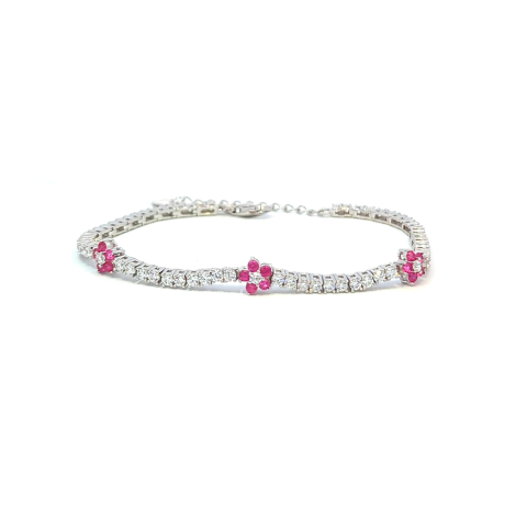 Bracciale Tennis Argento Zirconi Bianchi e Fiori Rosa