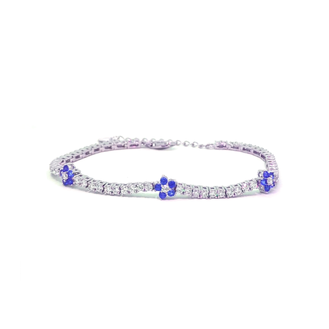 Bracciale Tennis Argento Zirconi Bianchi e Fiori Blu