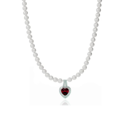 Collana Perle Con Cuore Zircone Rubino