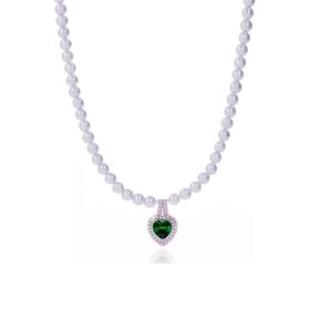 Collana Perle Con Cuore Zircone Smeraldo