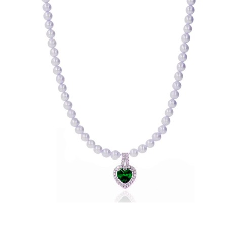 Collana Perle Con Cuore Zircone Smeraldo
