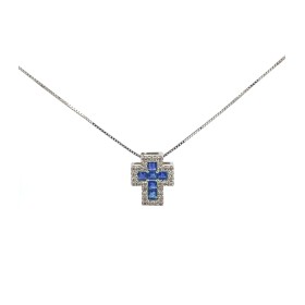 Collana Croce Zaffiti 0,34ct Diamanti 0,12ct Oro Bianco 18kt