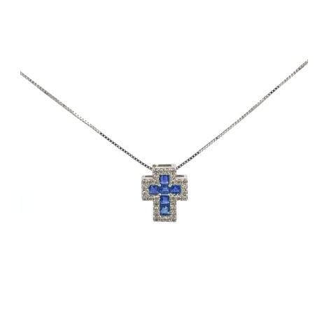 Collana Croce Zaffiti 0,34ct Diamanti 0,12ct Oro Bianco 18kt
