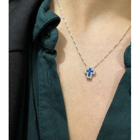 Collana Croce Oro Bianco 18kt  Zaffiri 0,34ct Diamanti 0,12ct