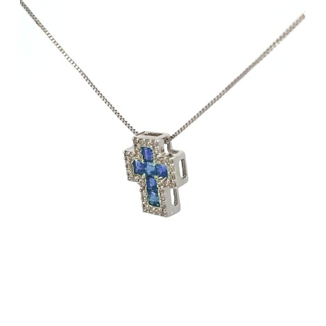 Collana Croce Oro Bianco 18kt  Zaffiri 0,34ct Diamanti 0,12ct