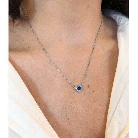 Collana Cuore Zaffiro E Diamanti Oro Bianco 9kt