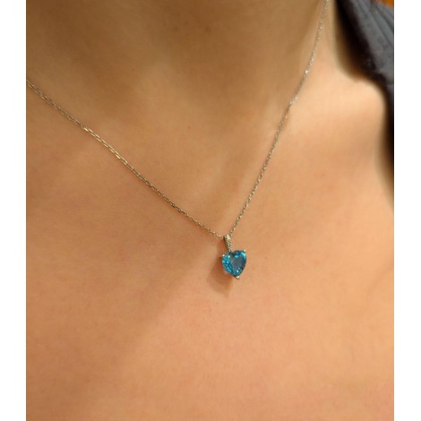 Collana Cuore Oro Bianco 9kt Diamante Topazio Azzurro