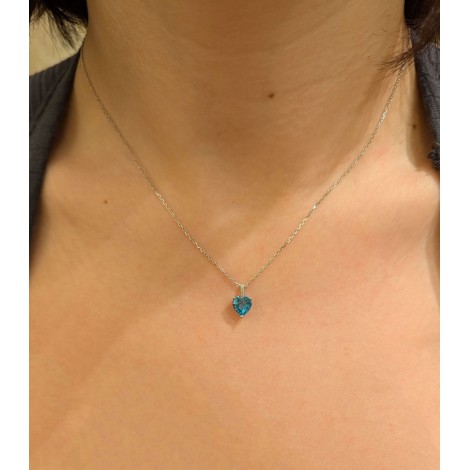 Collana Cuore Oro Bianco 9kt Diamante Topazio Azzurro