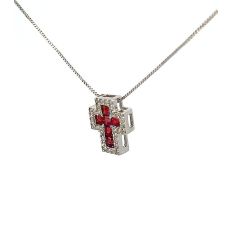 Collana Croce Oro Bianco 18kt Rubino e Diamanti