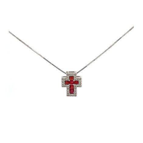 Collana Croce Oro Bianco 18kt Rubino e Diamanti