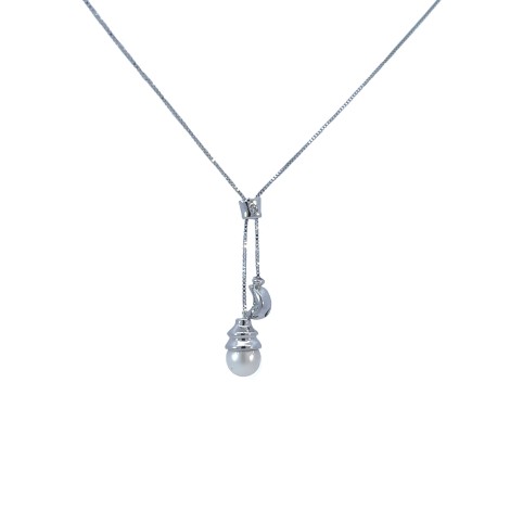 Collana Perla e Luna Oro Bianco 18Kt Brillanti