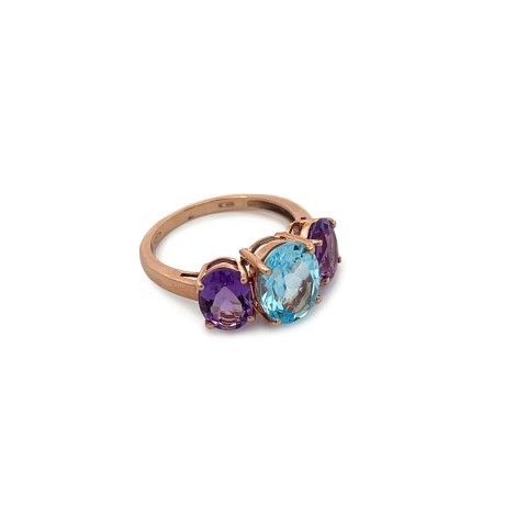 Anello Topazio Azzurro e Ametista Viola Oro Rosa 9kt