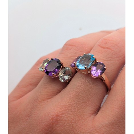 Anello Topazio Azzurro e Ametista Viola Oro Rosa 9kt