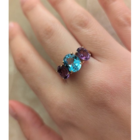 Anello Topazio Azzurro e Ametista Viola Oro Rosa 9kt