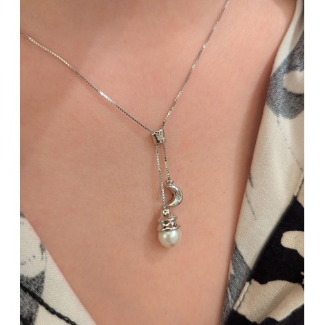 Collana Perla e Luna Oro Bianco 18Kt Brillanti